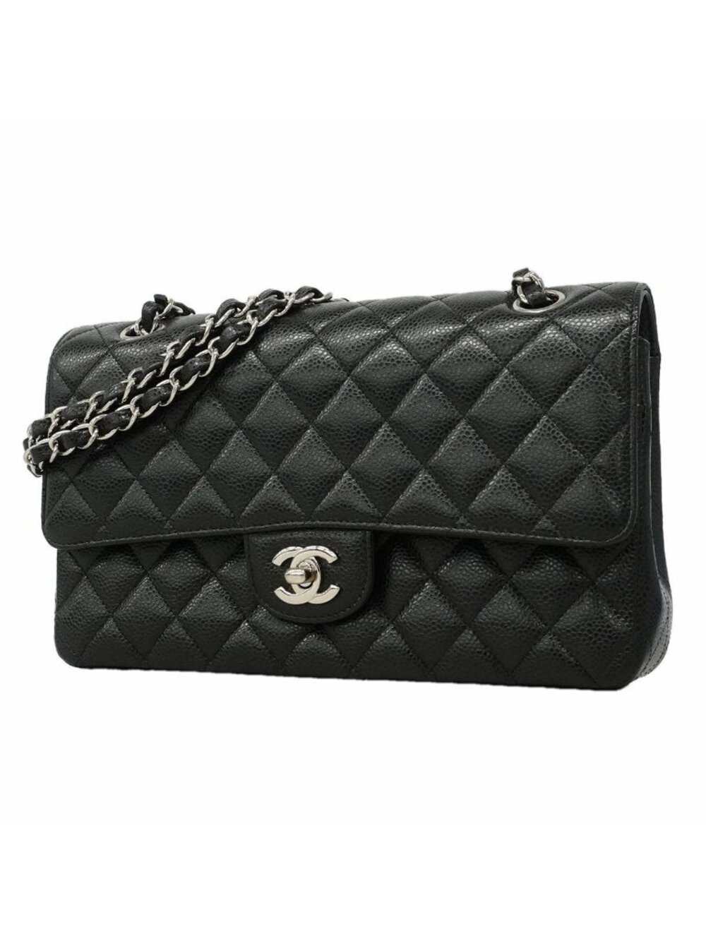 Chanel Shoulder Bag Quilted Caviar Leather Black Silver